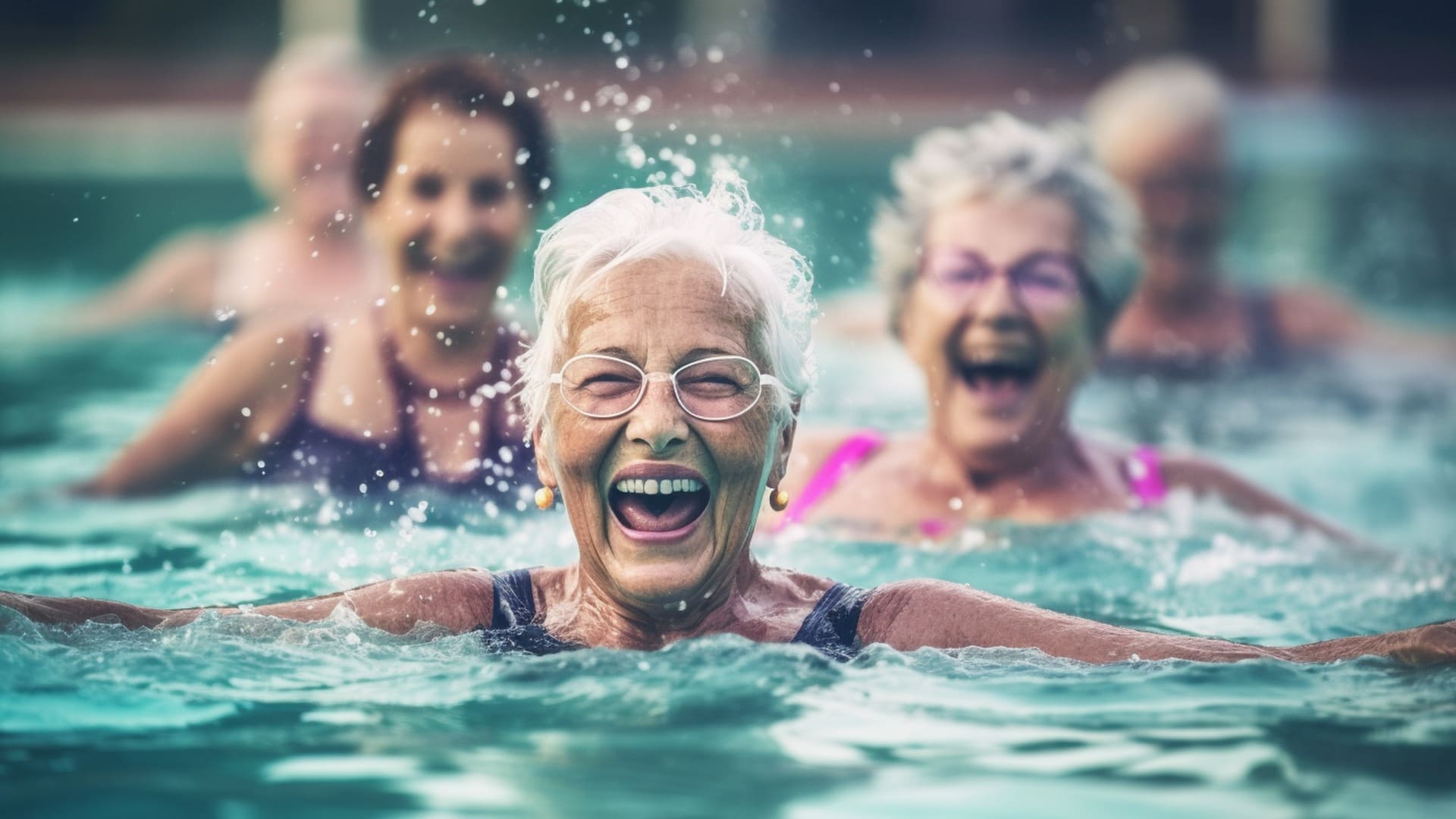 A group of elderly women having a fun and energetic water aerobics session in a pool, elderly happy people, old age, bokeh Generative AI