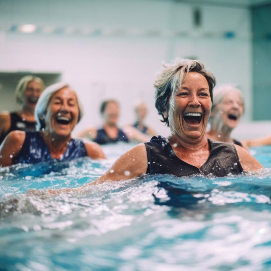 Active senior women enjoying aqua fit class in a pool, displaying joy and camaraderie, embodying a healthy, retired lifestyle