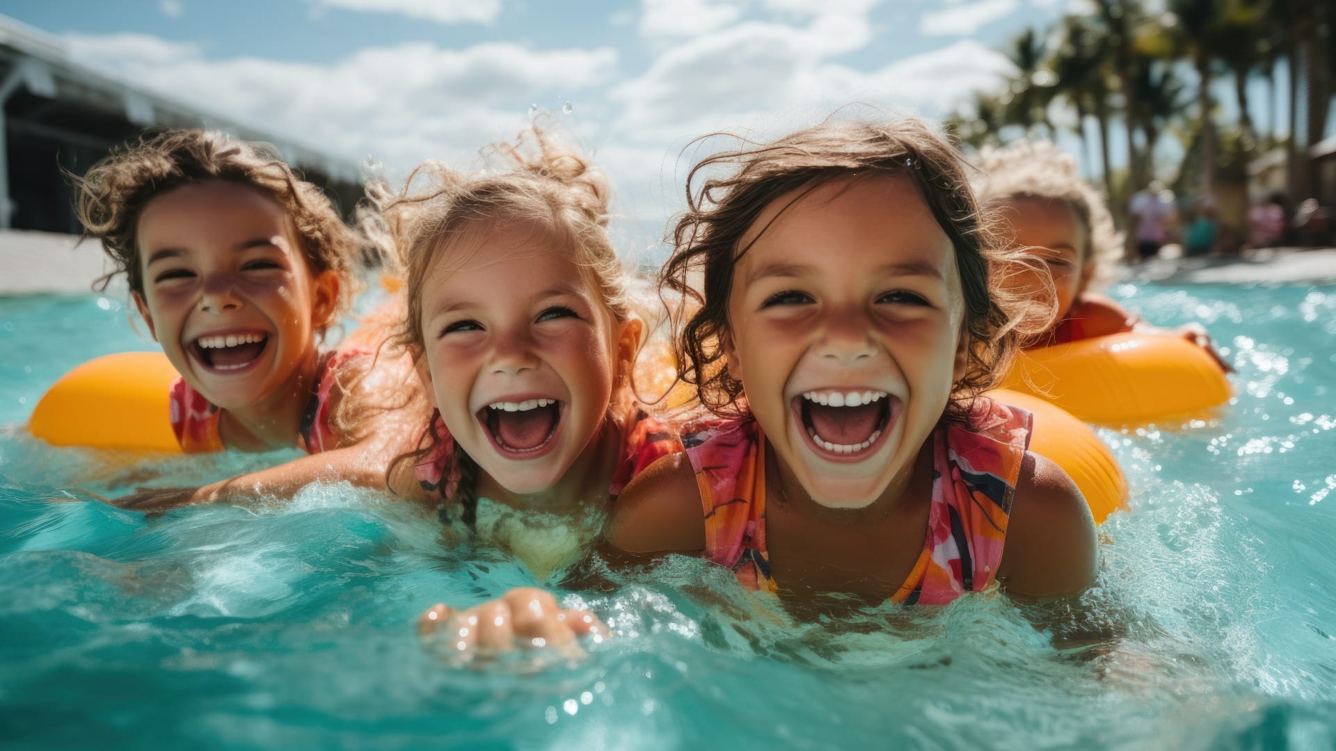 Happy kids have fun in the outdoor water park