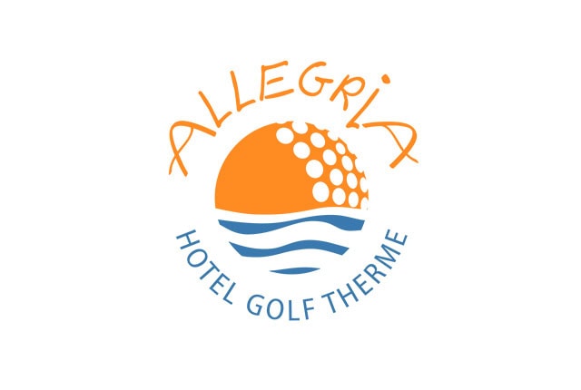 Logo des Hotels Allegria: Orangefarbene Sonne mit weißen Punkten über blauen Wellen.