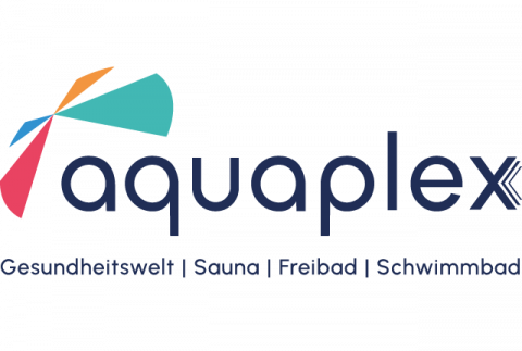 Aquaplex-Logo mit buntem grafischem Element und Schriftzug; blau, orange, rot und türkis.