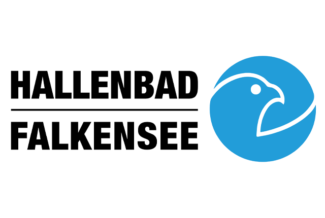 Logo des Hallenbads Falkensee mit stilisiertem blauen Vogelkopf.