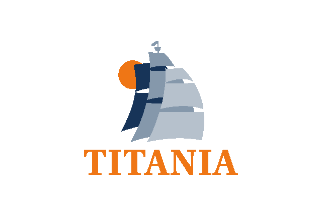 Segelschiff-Logo in Blau und Grau mit orangefarbener Sonne und Text "Titania".
