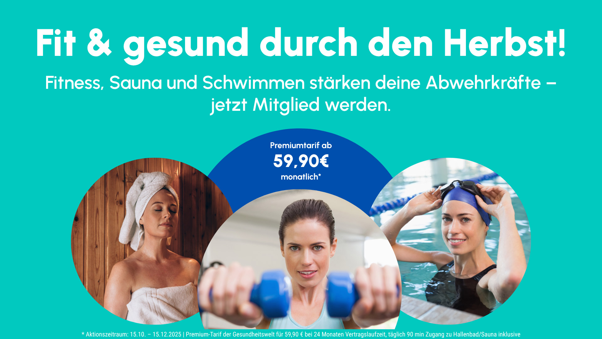 Drei sportliche Frauen bei Wellness und Training, konzentriert und motiviert in Blau und Weiß