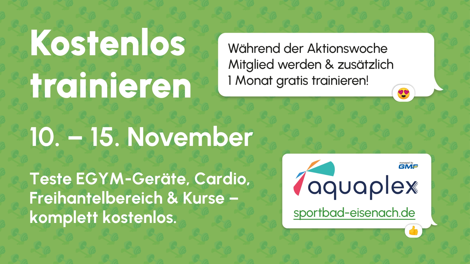 Grüne Grafik mit weißem Text zu einer kostenlosen Trainingsaktion im Aquaplex Eisenach