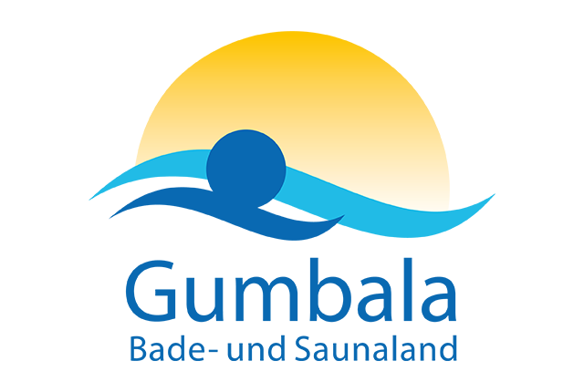 Logo mit stilisierter blauer Figur im Wasser vor gelber Sonne und blauem Schriftzug